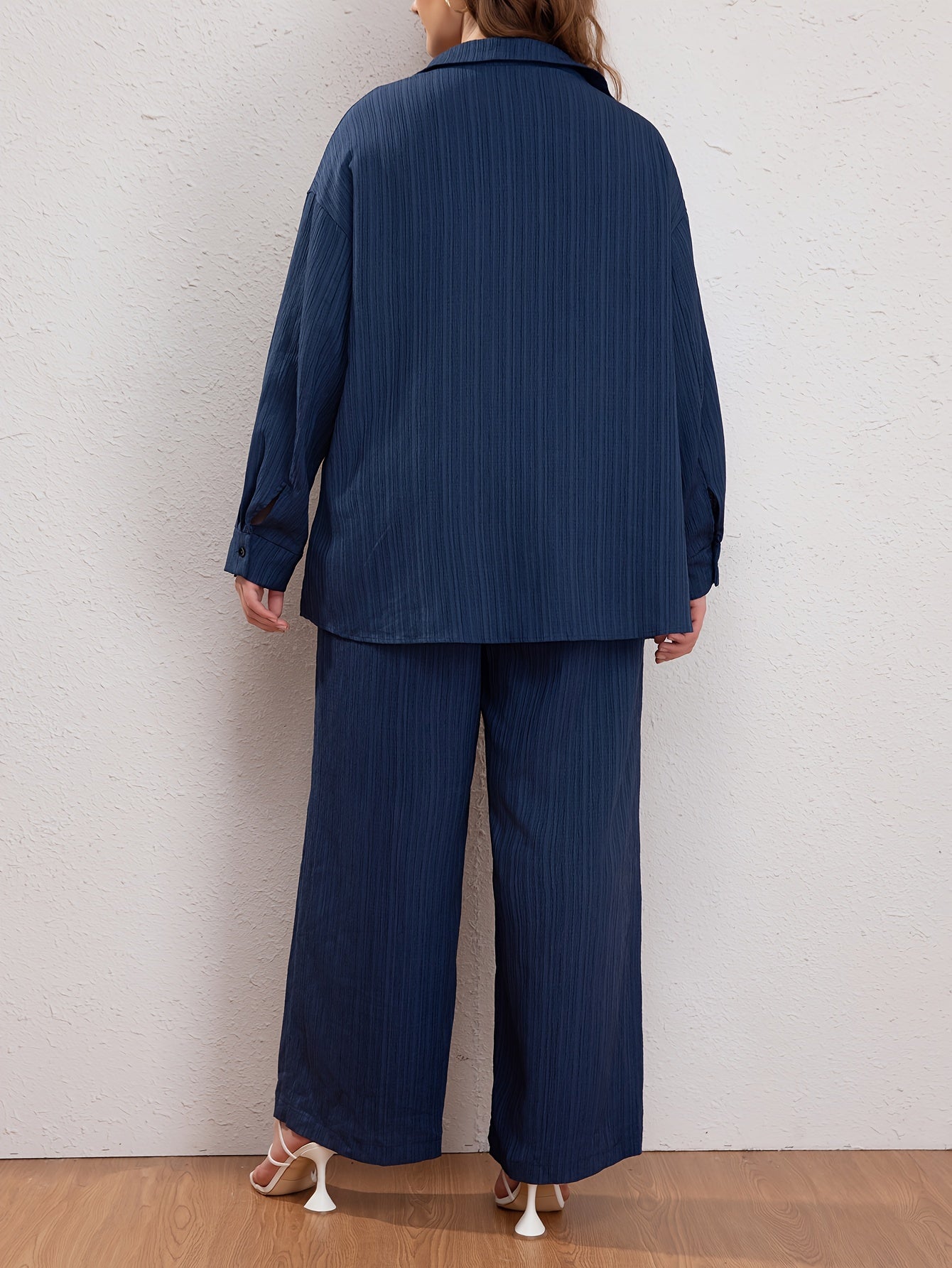  Solid Button Up Blouse & Wide Leg Pants 2 Piece Set