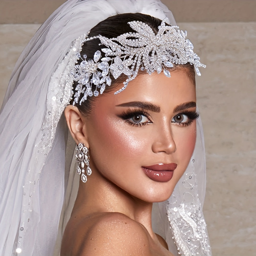 Sparkling Wedding Headpiece with Beaded Floral Arch & Sheer Panel