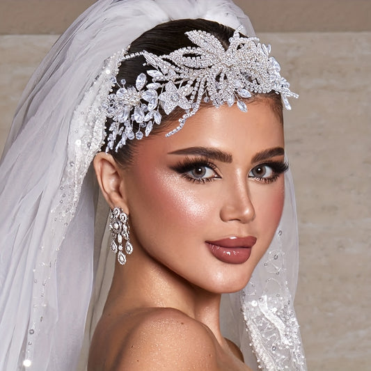 Sparkling Wedding Headpiece with Beaded Floral Arch & Sheer Panel