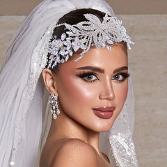 Sparkling Wedding Headpiece with Beaded Floral Arch & Sheer Panel