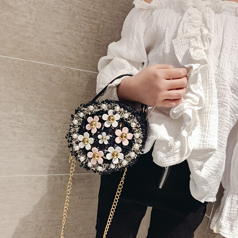 Girls Crossbody Bowknot Purse Pearl Flowers Handbags Shoulder Bag