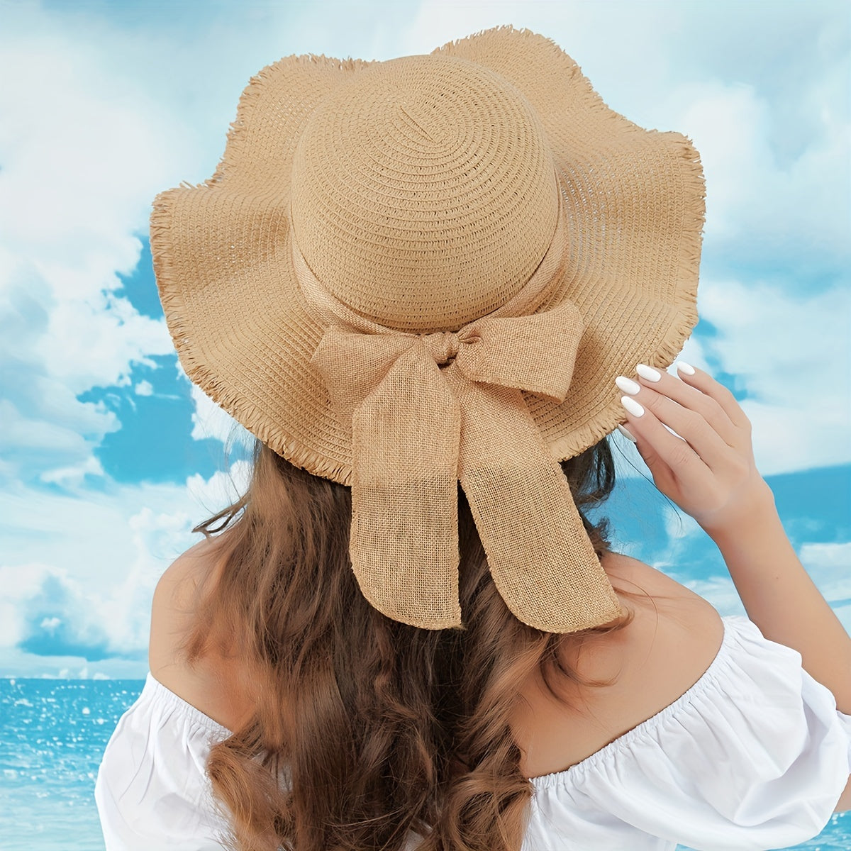 Floppy Ruffles Bowknot Sun Hat Frayed Brim Sun Hat
