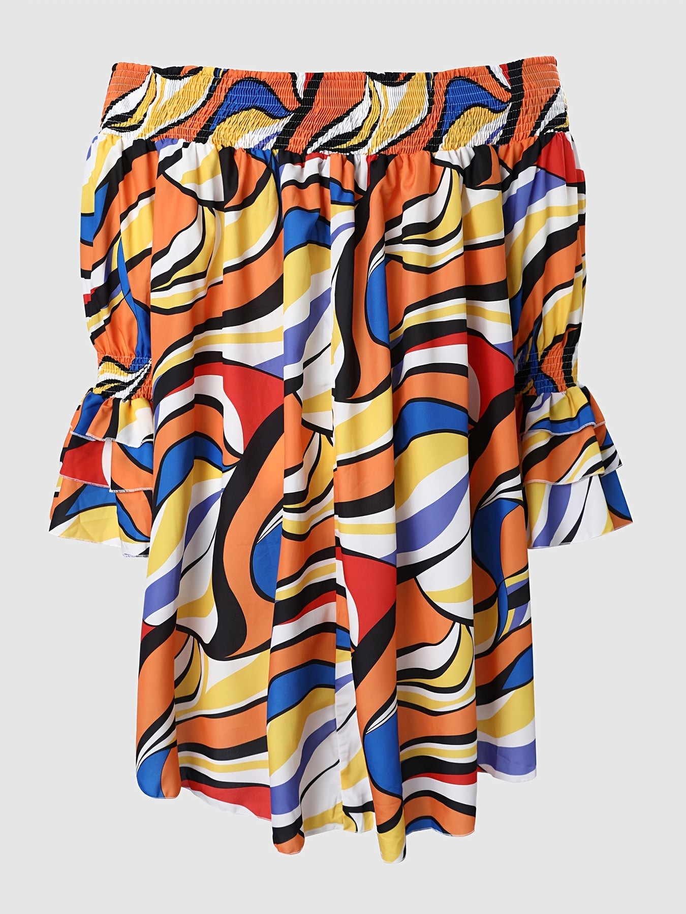  Off Shoulder Ruffle Sleeve Geometric Print Midi Dress
