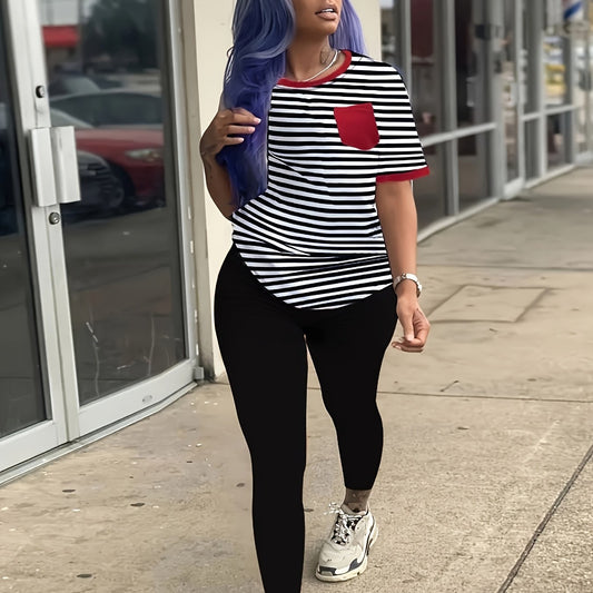 Striped Print Short Sleeve Tops & Solid Slim Pants Set