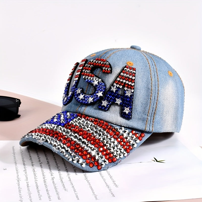 Rhinestone Flag Baseball Cap Denim Washed Distressed Unisex Sun Hat