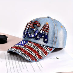 Rhinestone Flag Baseball Cap Denim Washed Distressed Unisex Sun Hat