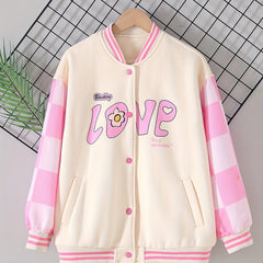 Girls' Cartoon Graphic Varsity Jackets Snap Button Down Long Sleeve
