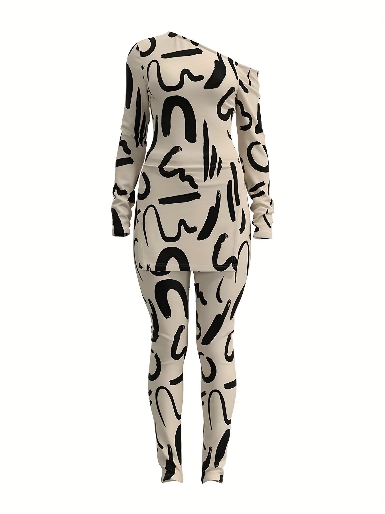 Graphic Print 2pc Set Asymmetrical Neck Split Top & Pants