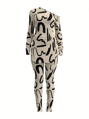 Graphic Print 2pc Set Asymmetrical Neck Split Top & Pants