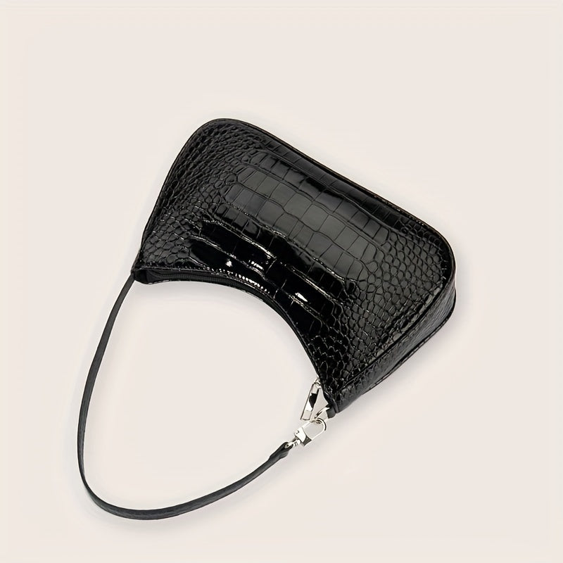 Minimalist Baguette Bag Crocodile Pattern Zipper Underarm Bag