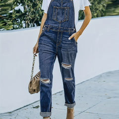  Washed Pipping Buckle Ripped Denim Overalls