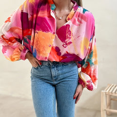  Casual Blouse Women's Plus Colorblock Print Button Up Blouse
