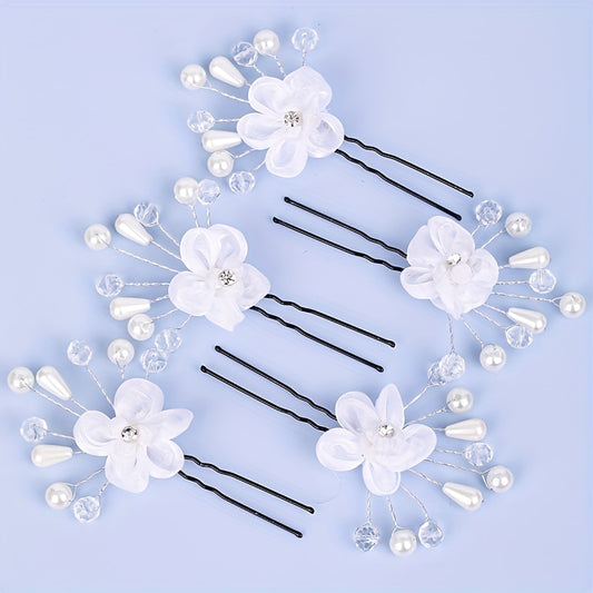 5pcs Flower Crystal Faux Pearl Hairpin Bridal U shaped Hairpin