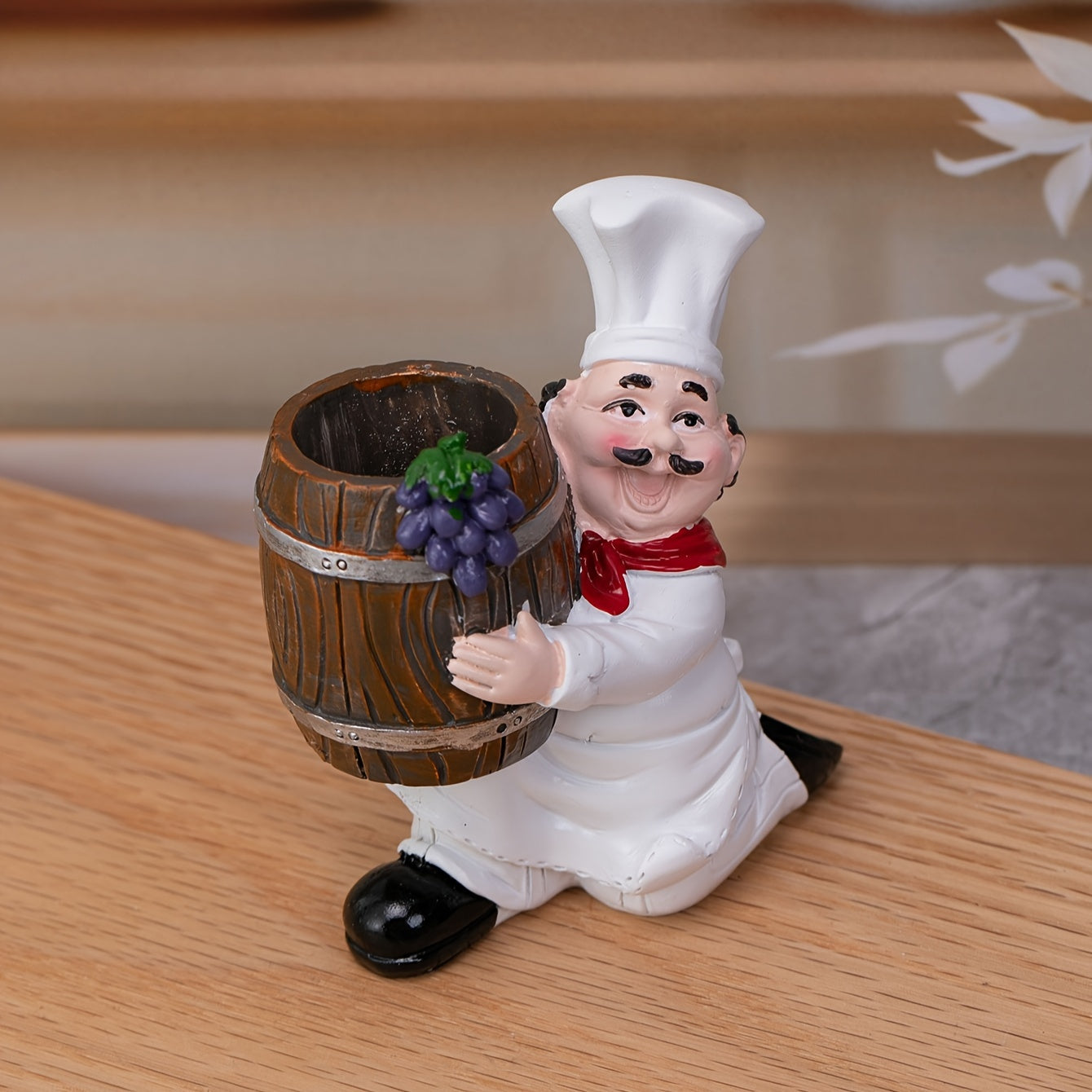 Chef Holding Toothpick Holder Wooden Bucket Decor