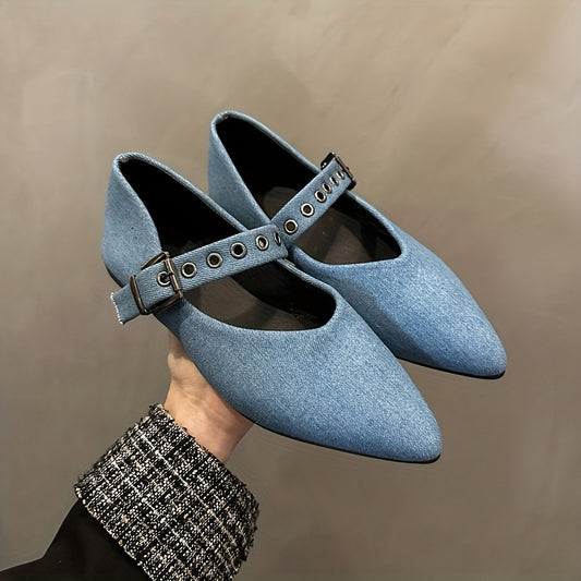 Women's Denim Flat Shoes Casual Point Toe Buckle Strap Barefoot Shoes