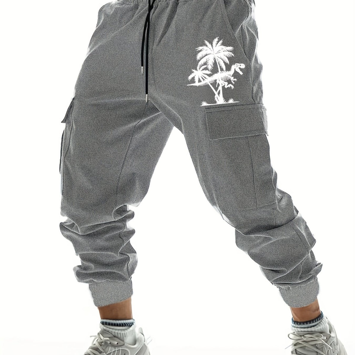 Coconut Tree Dinosaur Print Drawstring Cargo Pants Men