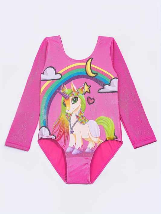 Girls Cartoon Pony & Rainbow Gymnastics Leotard Bodysuit