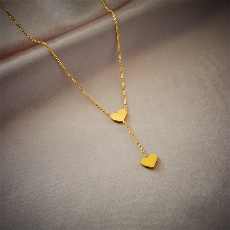 Double Heart Pendant Necklace Red Enamel Finish
