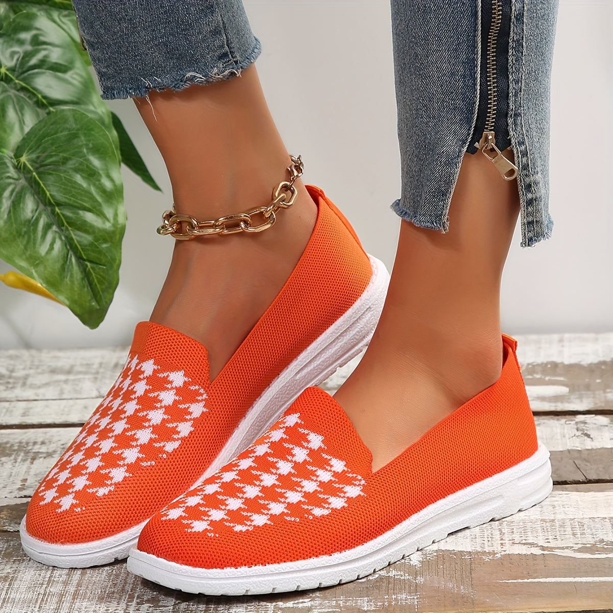 Women's Houndstooth Slip On Loafers Round Toe Non-slip Casual Shoes