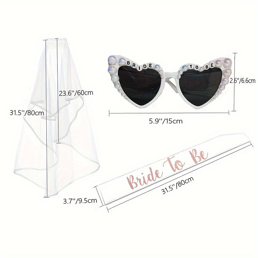 3pcs Bride to Be Glasses Sash and Veil Wedding Bridal Bachelorette Party