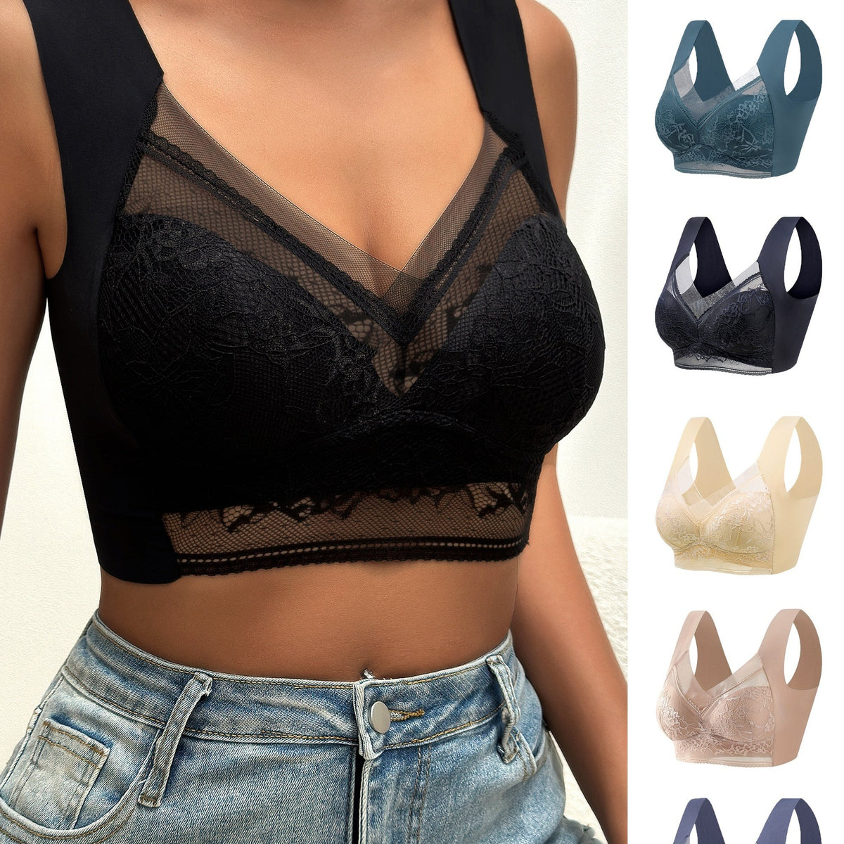 5pcs Lace Wireless Bras Full Coverage Women's Lingerie