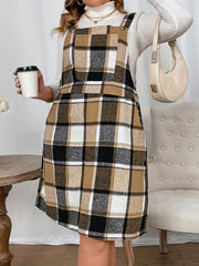  Plaid Print Square Neck Overall Dress