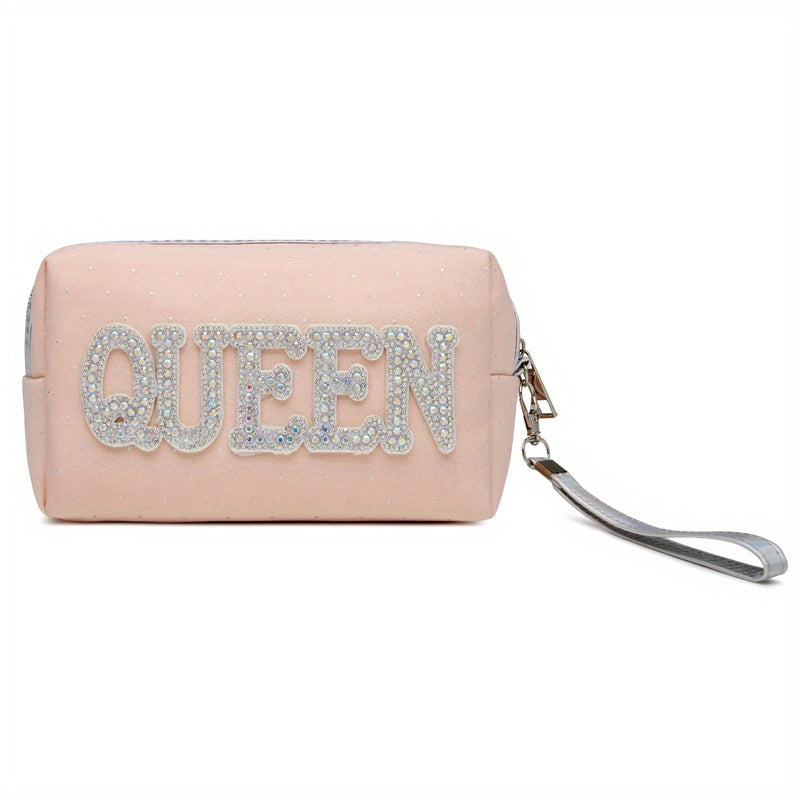 Queen Love Letter Cosmetic Toiletry Bag with Rhinestone Varsity Patches