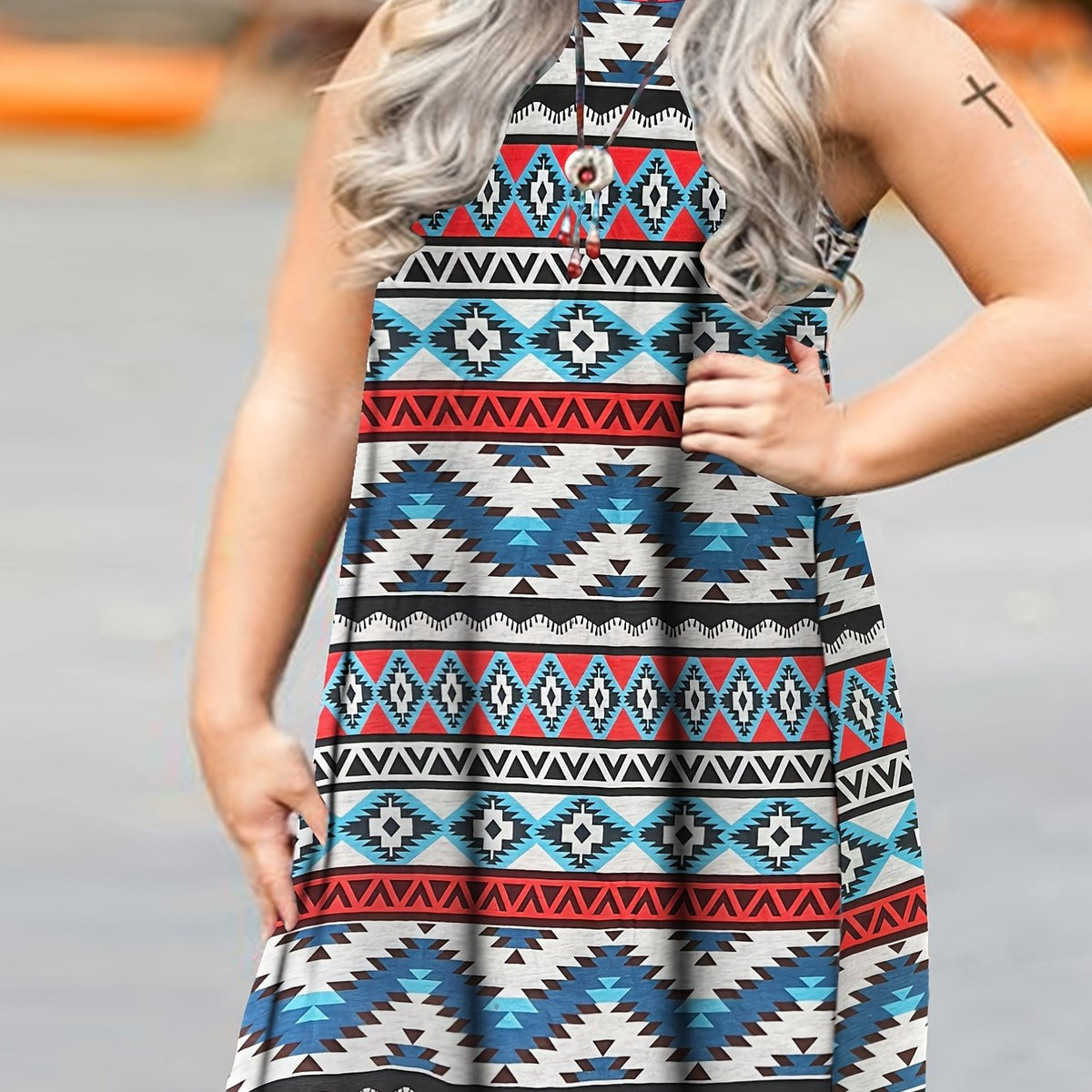  Southwestern Print Tank Dress Mock Neck Casual Slight Stretch