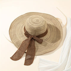 Vintage Boho Straw Sun Hat with Ribbon Bow