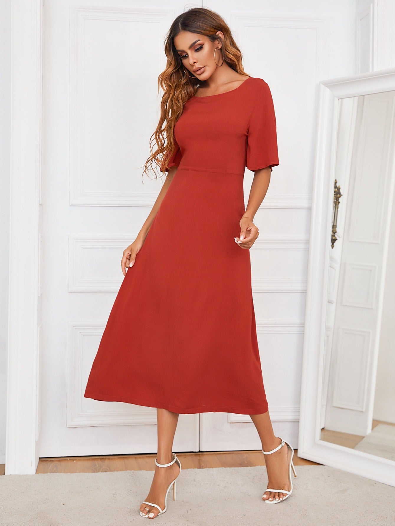 Red Crew Neck Backless Flounce Sleeve A-Line Bridesmaid Dress