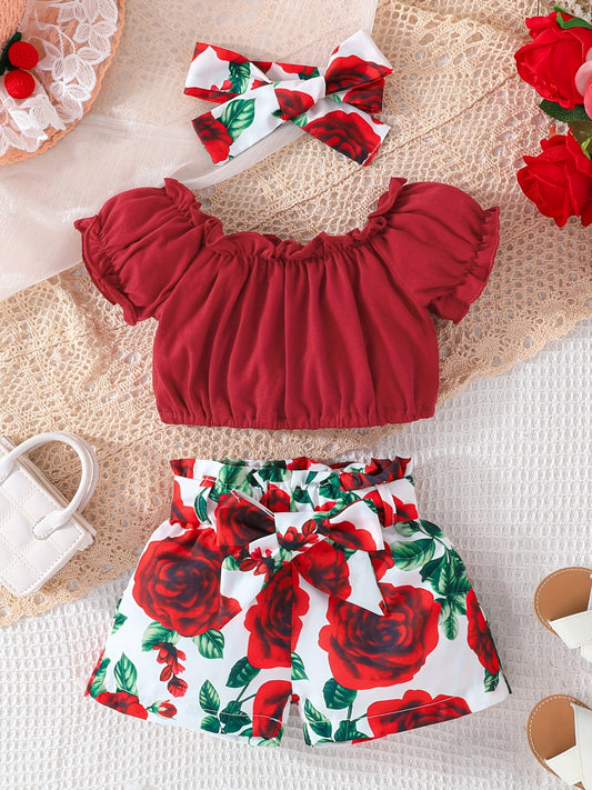 3pc Baby Girls Crop Tops & Floral Shorts Set With Belt & Headband