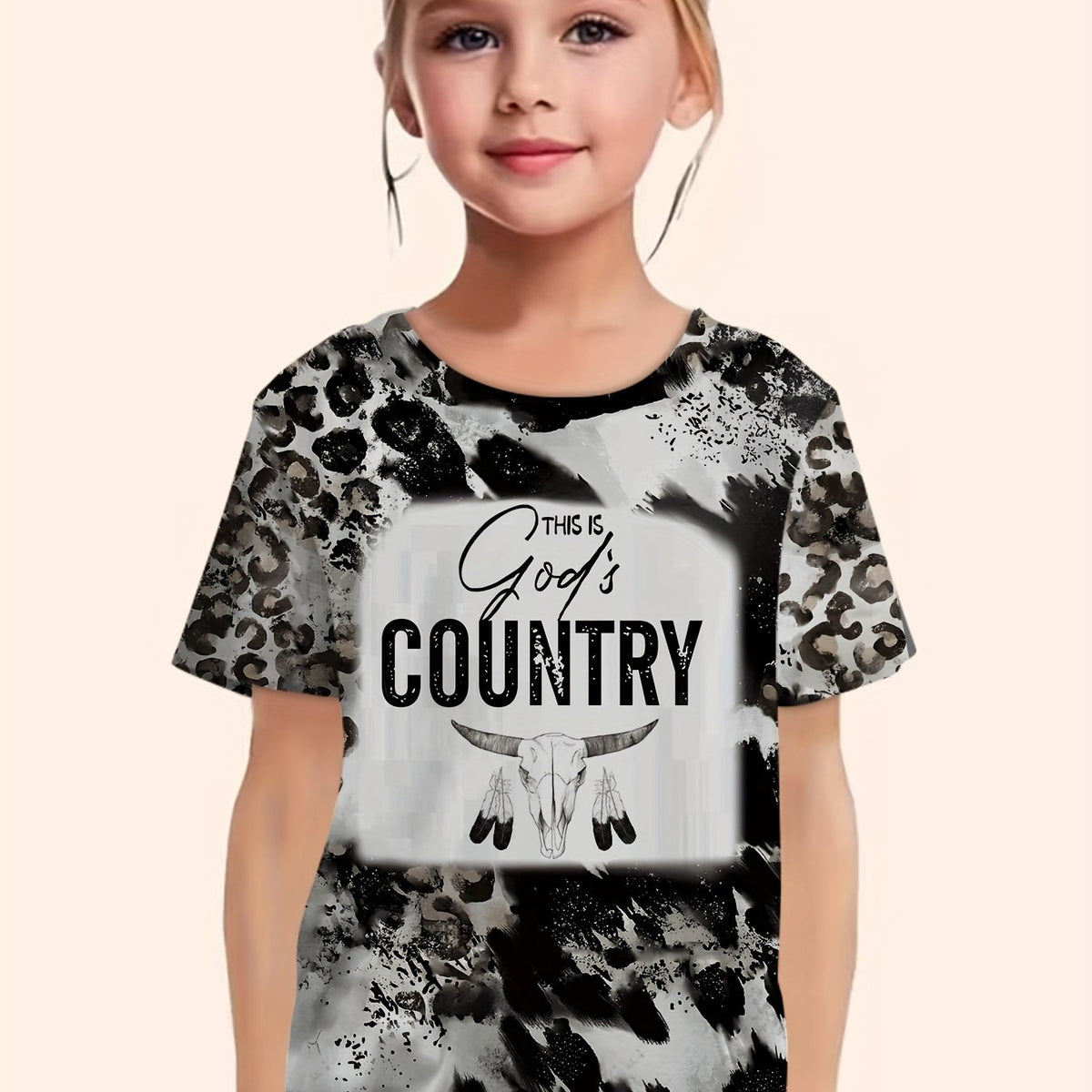 Girls Western Style Cow Skull Print Short Sleeve T-shirt Summer Clothes