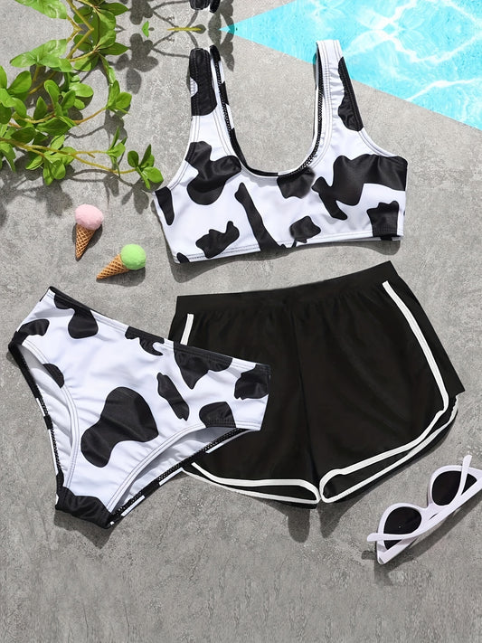 Cow Print Bikini with Shorts Set for Girls