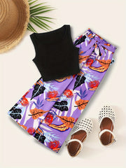 Boho Tank Top & Tropical Print Wide Leg Pants Set