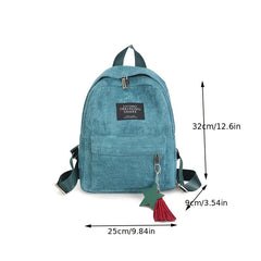 Corduroy Backpack with Letter Patch Solid Zipper Preppy Tassel Decor