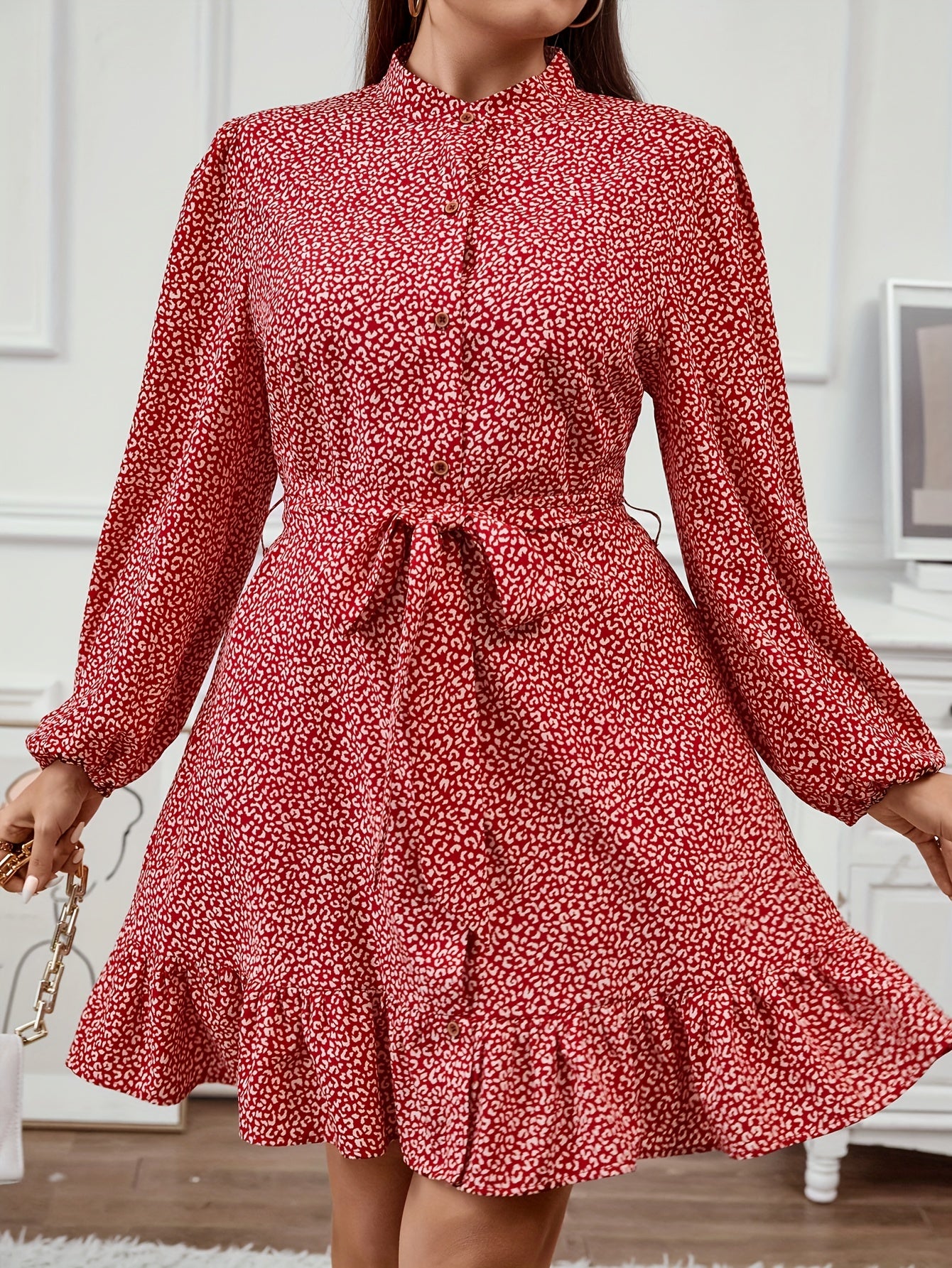  Leopard Print Lantern Sleeve Mock Neck Ruffle Trim Mini Dress