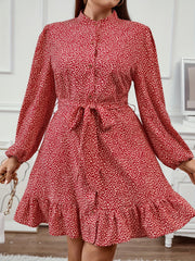  Leopard Print Lantern Sleeve Mock Neck Ruffle Trim Mini Dress