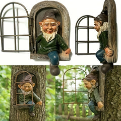Garden Gnome Statue Elf Window Gnome Figurine Outdoor Patio Balcony Decor