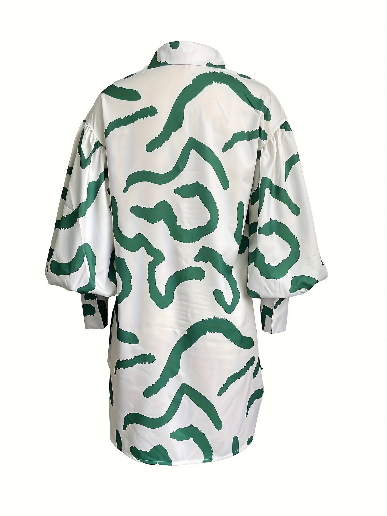  Graffiti Print Button Up Lantern Sleeve Shirt Dress