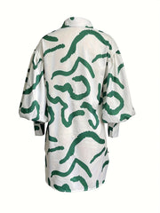  Graffiti Print Button Up Lantern Sleeve Shirt Dress