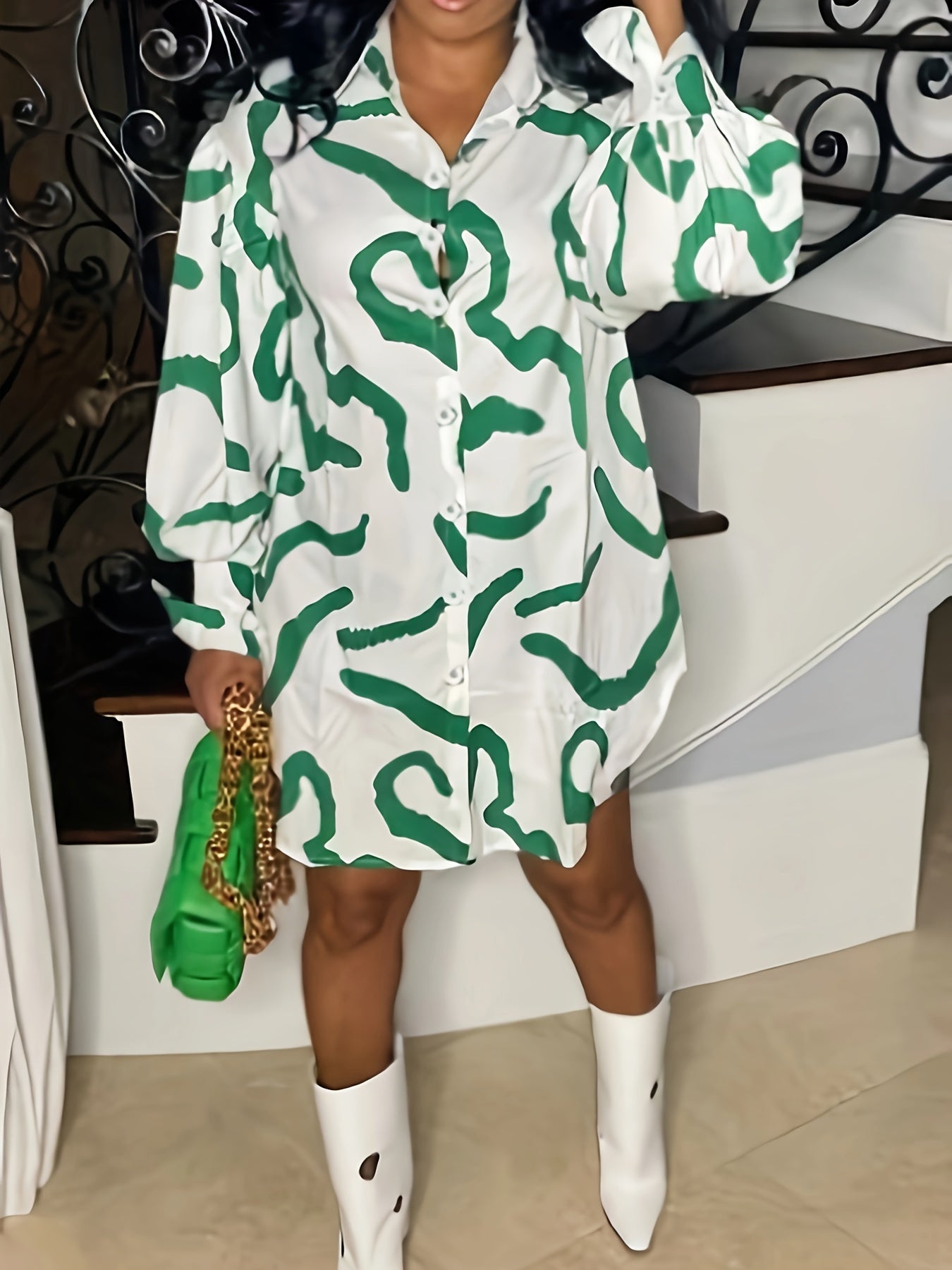 Graffiti Print Button Up Lantern Sleeve Shirt Dress