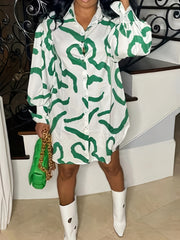  Graffiti Print Button Up Lantern Sleeve Shirt Dress