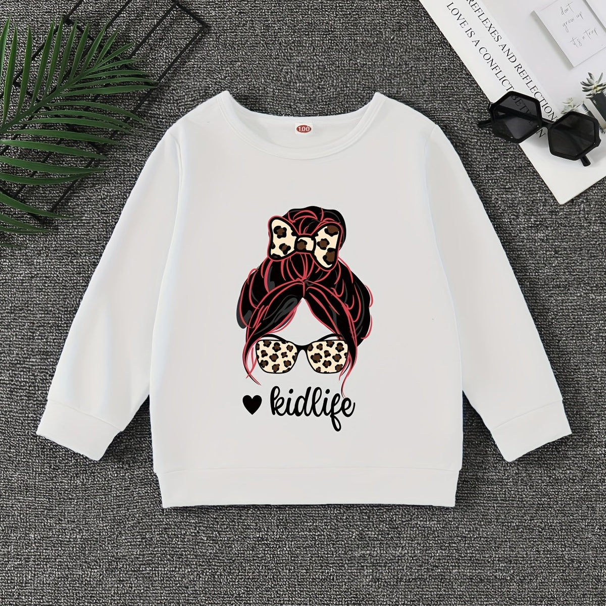 Girls' Leopard Portrait Crew Neck Sweatshirt Pullovers Kids Long Sleeve Tops