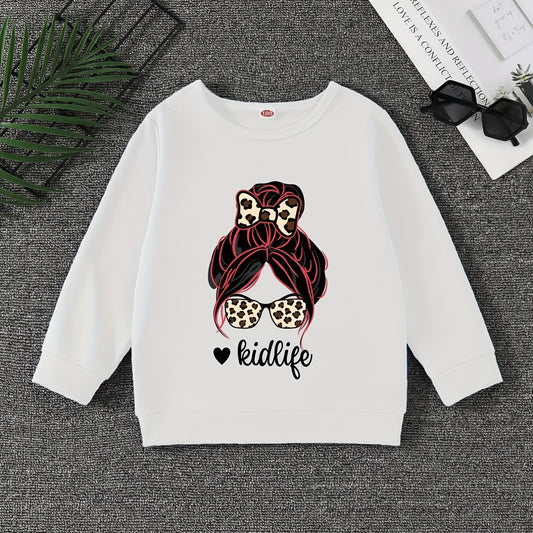 Girls' Leopard Portrait Crew Neck Sweatshirt Pullovers Kids Long Sleeve Tops