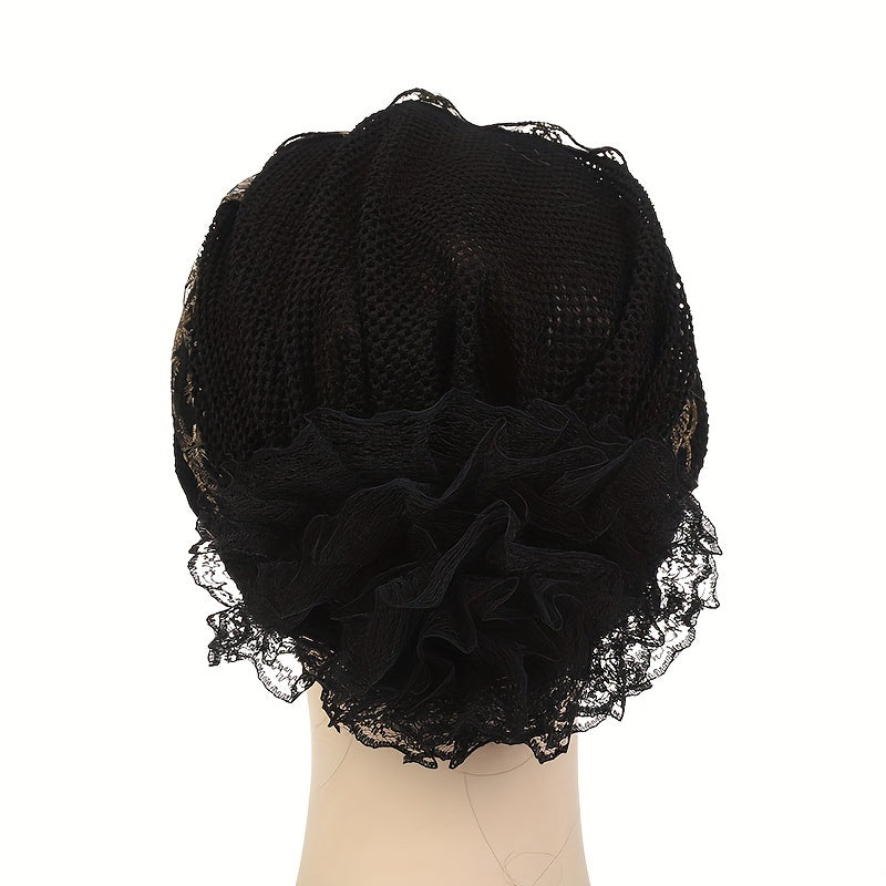 Floral Embroidery Lace Beanie Solid Turban Cap