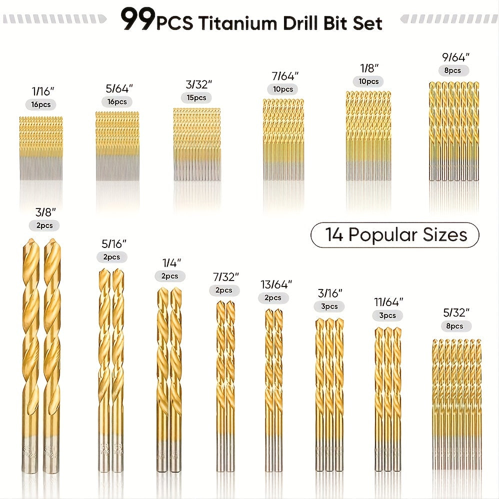 99pcs Titanium Coated Drill Bits Kit High Speed Steel Drill Bits Kit With Case