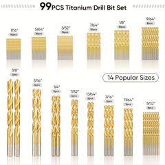 99pcs Titanium Coated Drill Bits Kit High Speed Steel Drill Bits Kit With Case