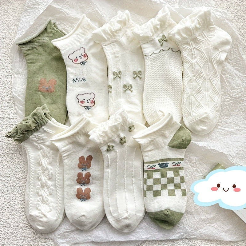 9 Pairs Cartoon Bear Print Socks & Low Cut Ankle Socks Women's Stockings