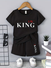 2pcs Boys Teen Casual LIL KING T shirt & Shorts Set Clothes For Summer
