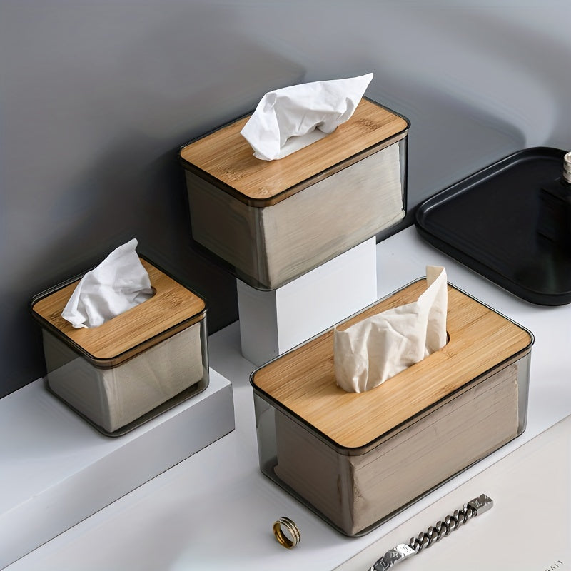 Transparent Tissue Box with Wooden Lid for Toilet Paper and Tissues